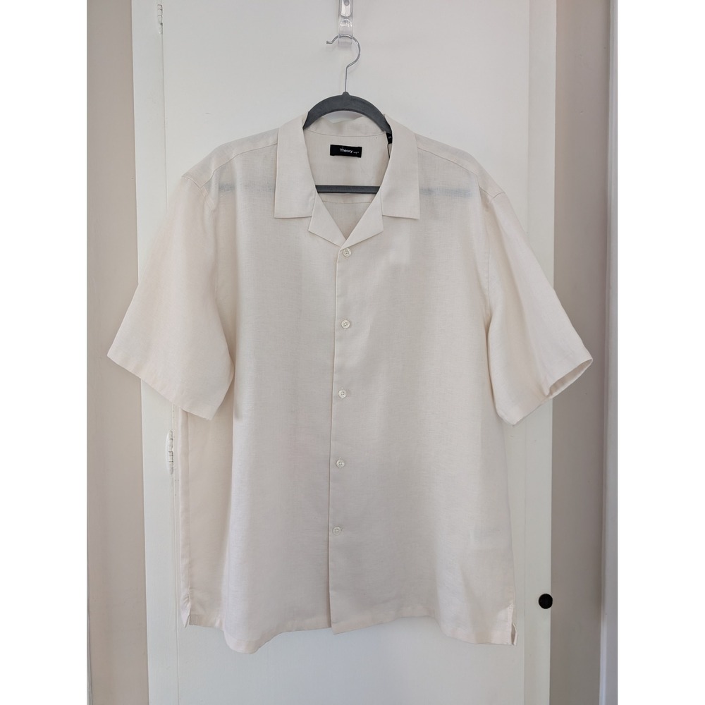 Theory 100% Linen Shirt Mens XXL Ivory Short Sleeve Camp Collar Summer Resort